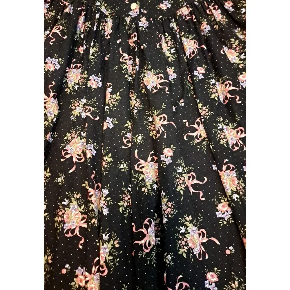 Vintage 90s Drop Waist Dress Black Floral Button Front Pockets Coquette Twee L